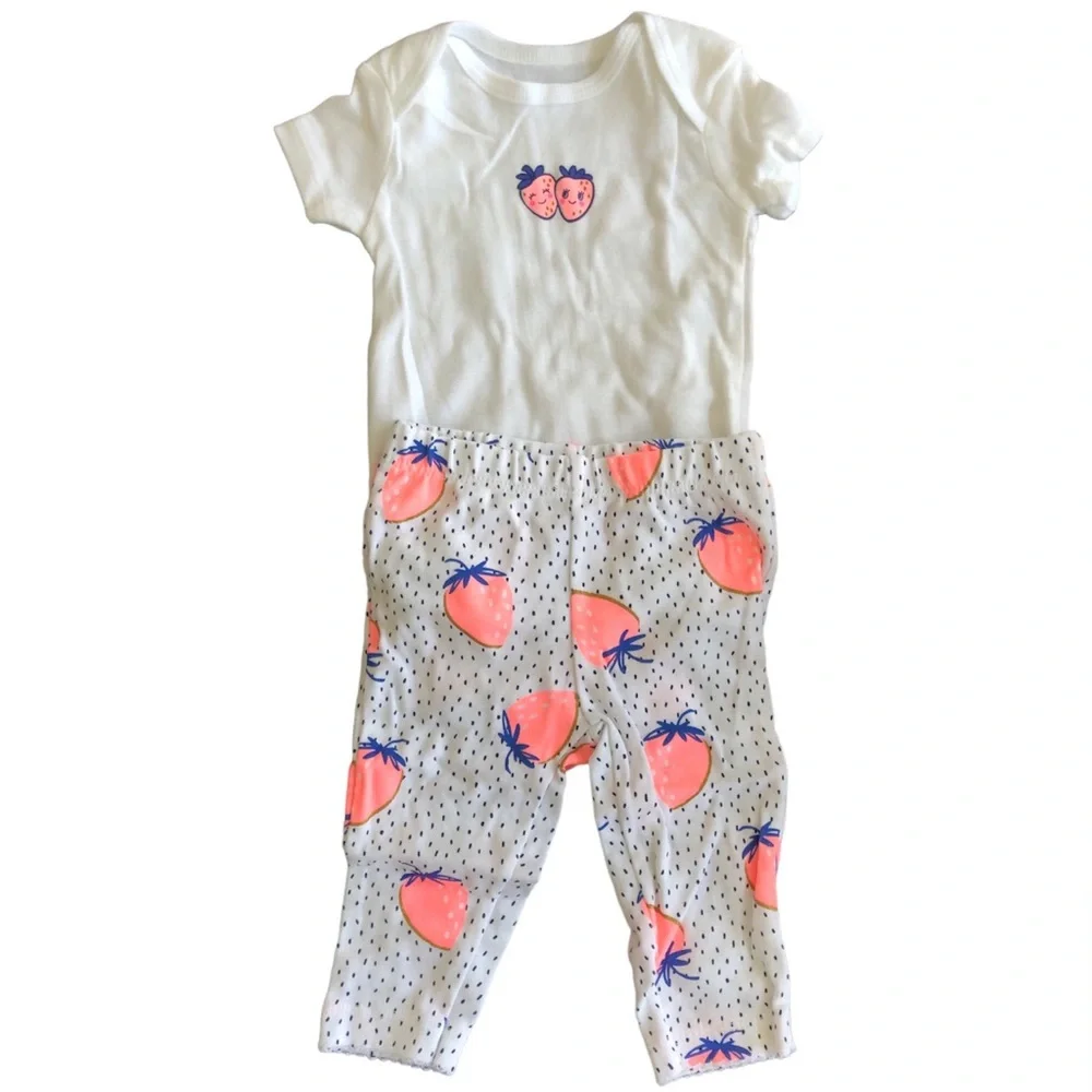 NWOT‎ Carter's 3M Girls Matching Onesie / Pants Strawberry Blue Pink White Cute